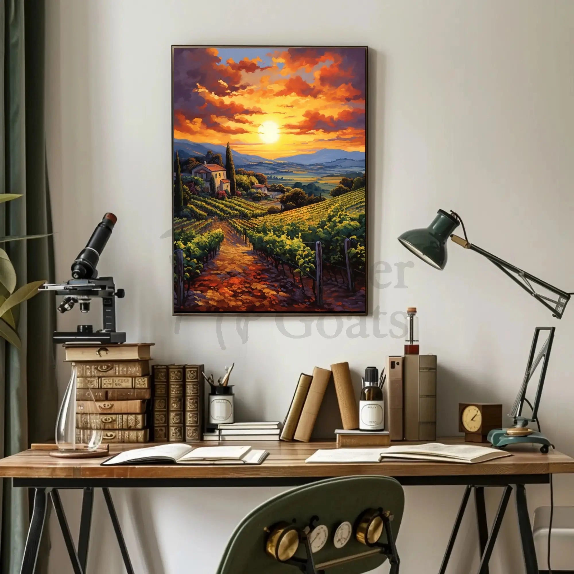 Picturesque Vineyard Sunset in Tuscany Art Poster PosterGoat