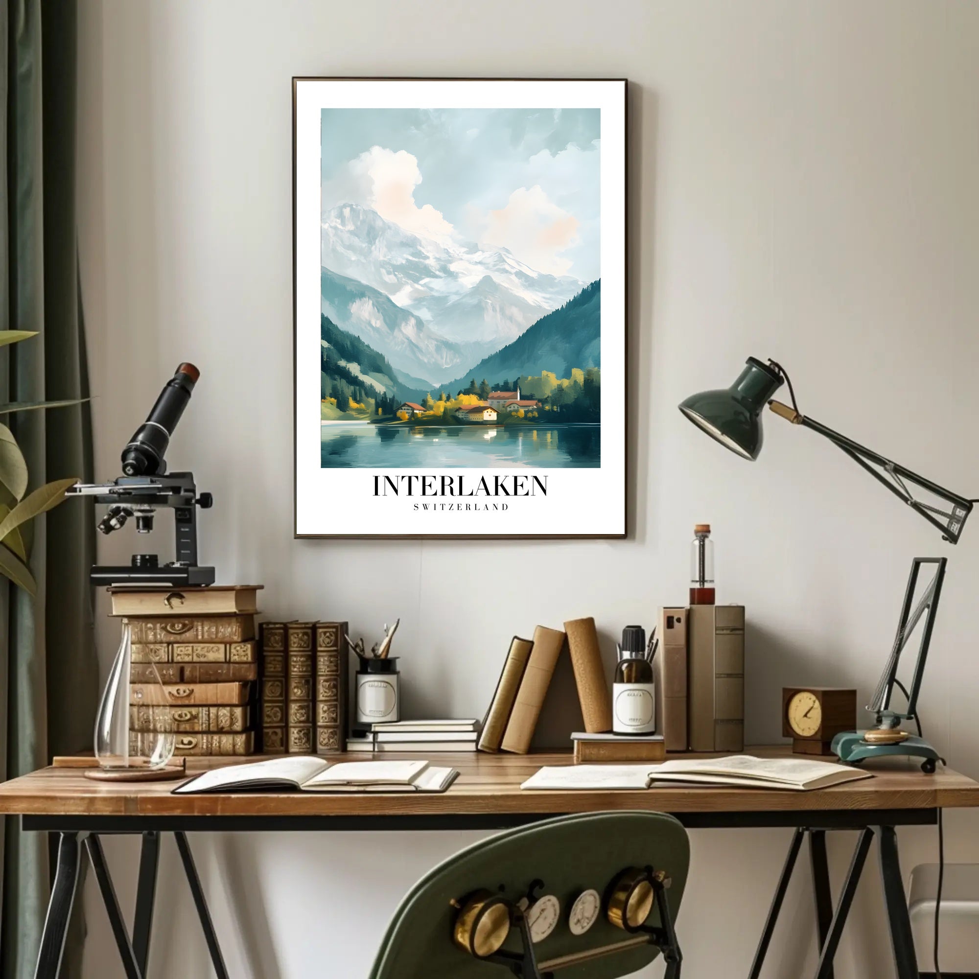 Picturesque Vintage Interlaken Landscape Art Travel Poster PosterGoat