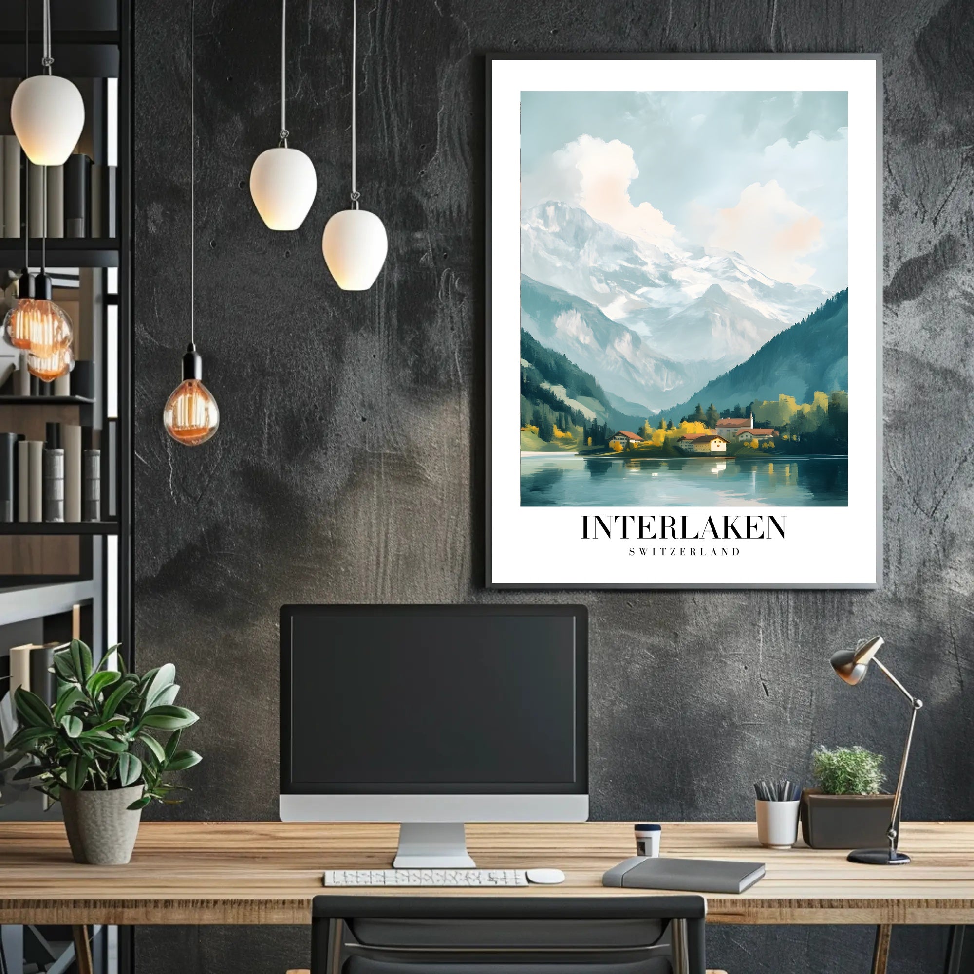 Picturesque Vintage Interlaken Landscape Art Travel Poster PosterGoat