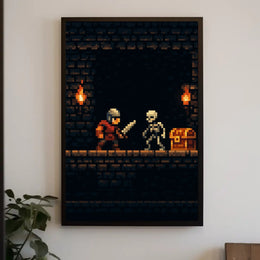 Pixel Art Knight vs Skeleton Fantasy or Mythology Poster PosterGoat