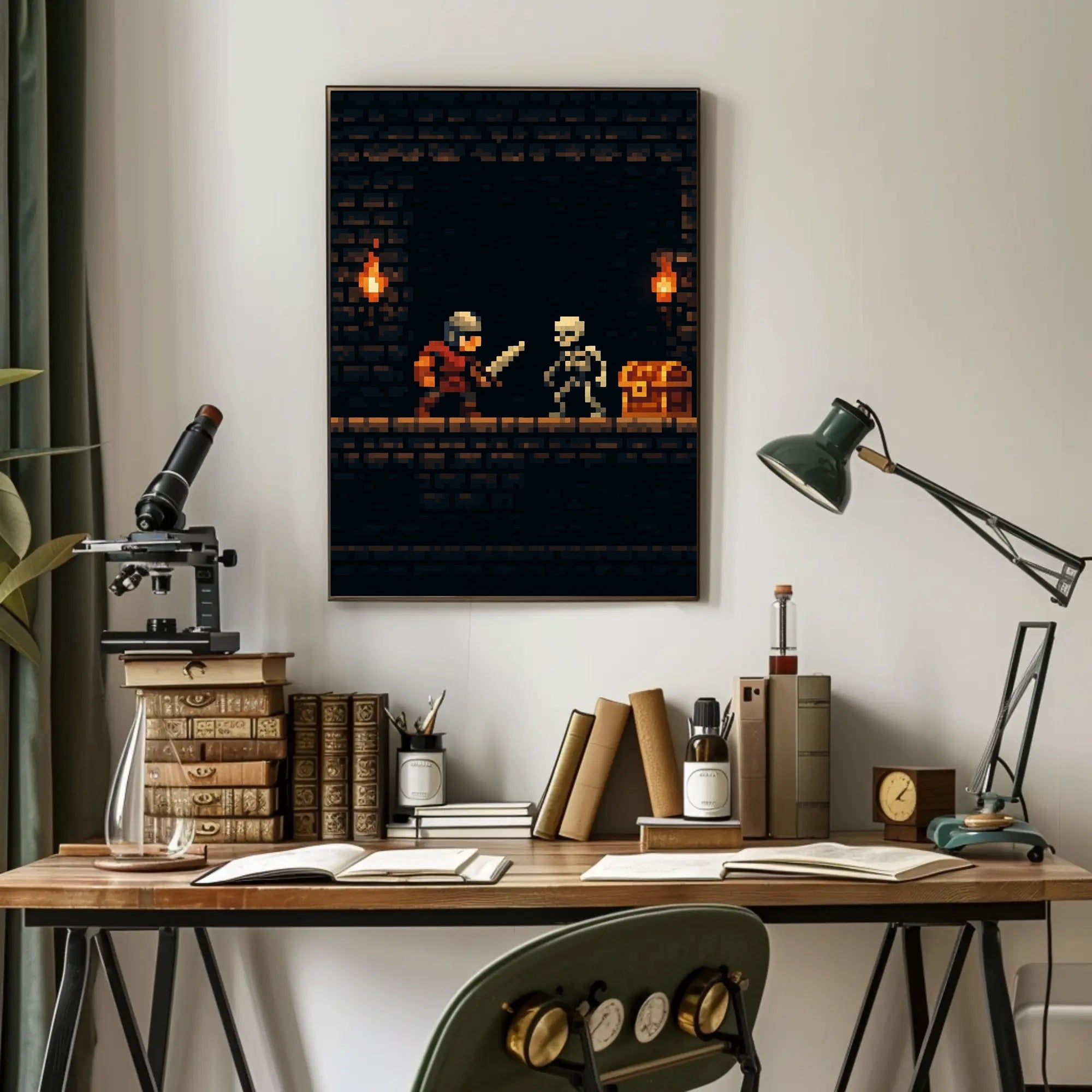 Pixel Art Knight vs Skeleton Fantasy or Mythology Poster PosterGoat