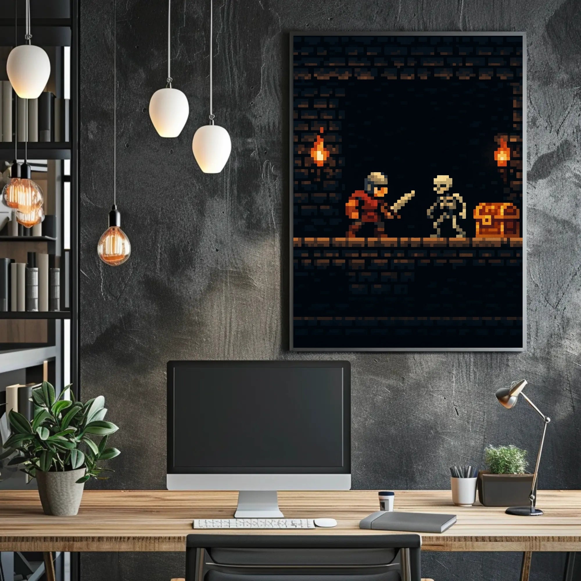 Pixel Art Knight vs Skeleton Fantasy or Mythology Poster PosterGoat