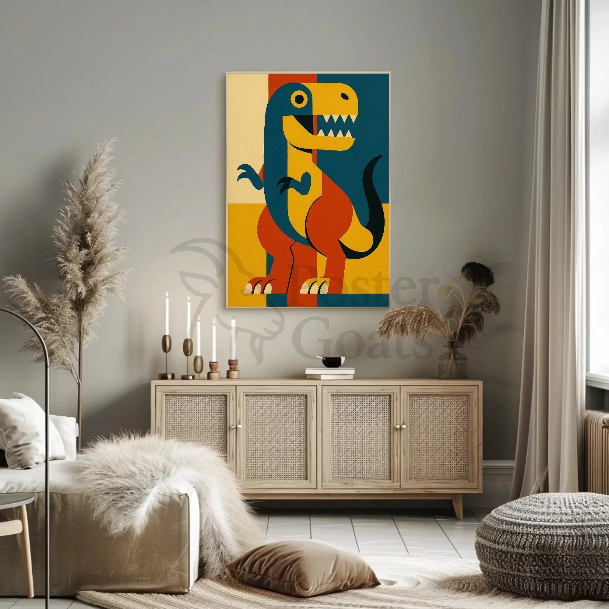 Playful Dinosaur Geometric Design Animal Poster PosterGoat