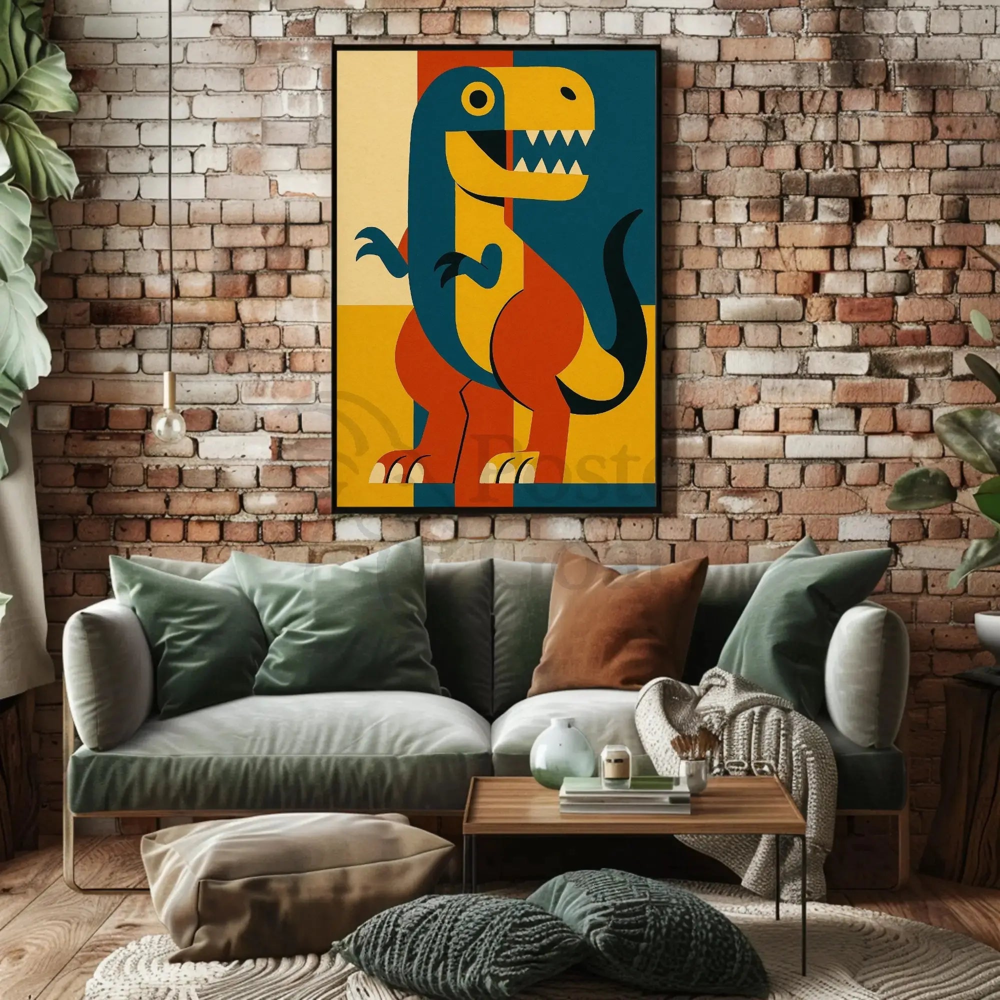 Playful Dinosaur Geometric Design Animal Poster PosterGoat