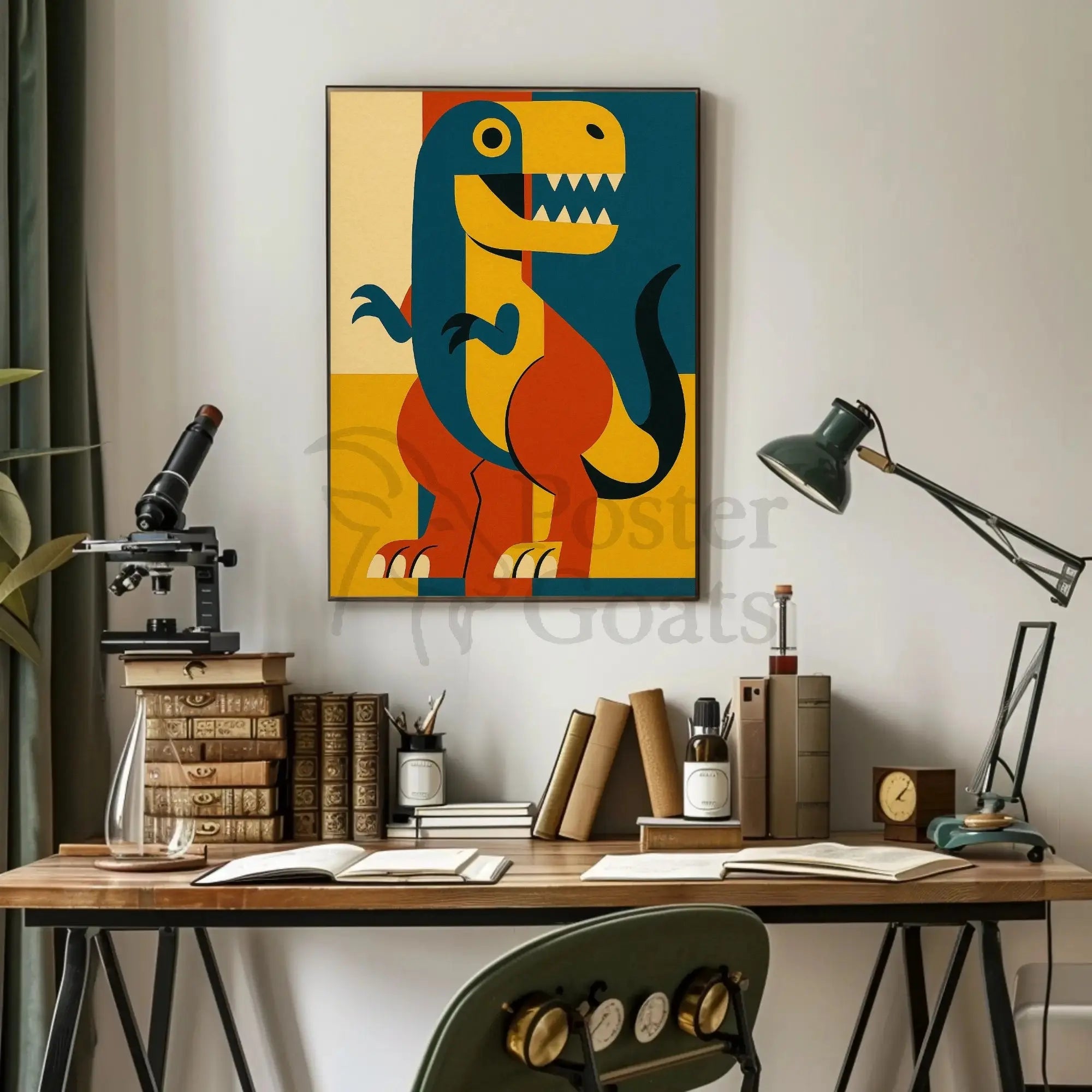 Playful Dinosaur Geometric Design Animal Poster PosterGoat