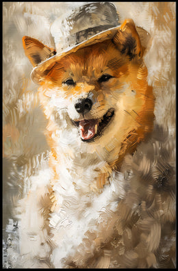 Playful Dog in Hat Artistic Poster PosterGoat