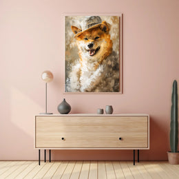Playful Dog in Hat Artistic Poster PosterGoat