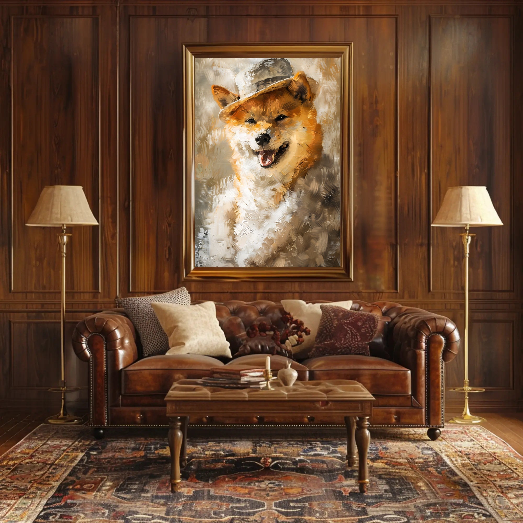 Playful Dog in Hat Artistic Poster PosterGoat