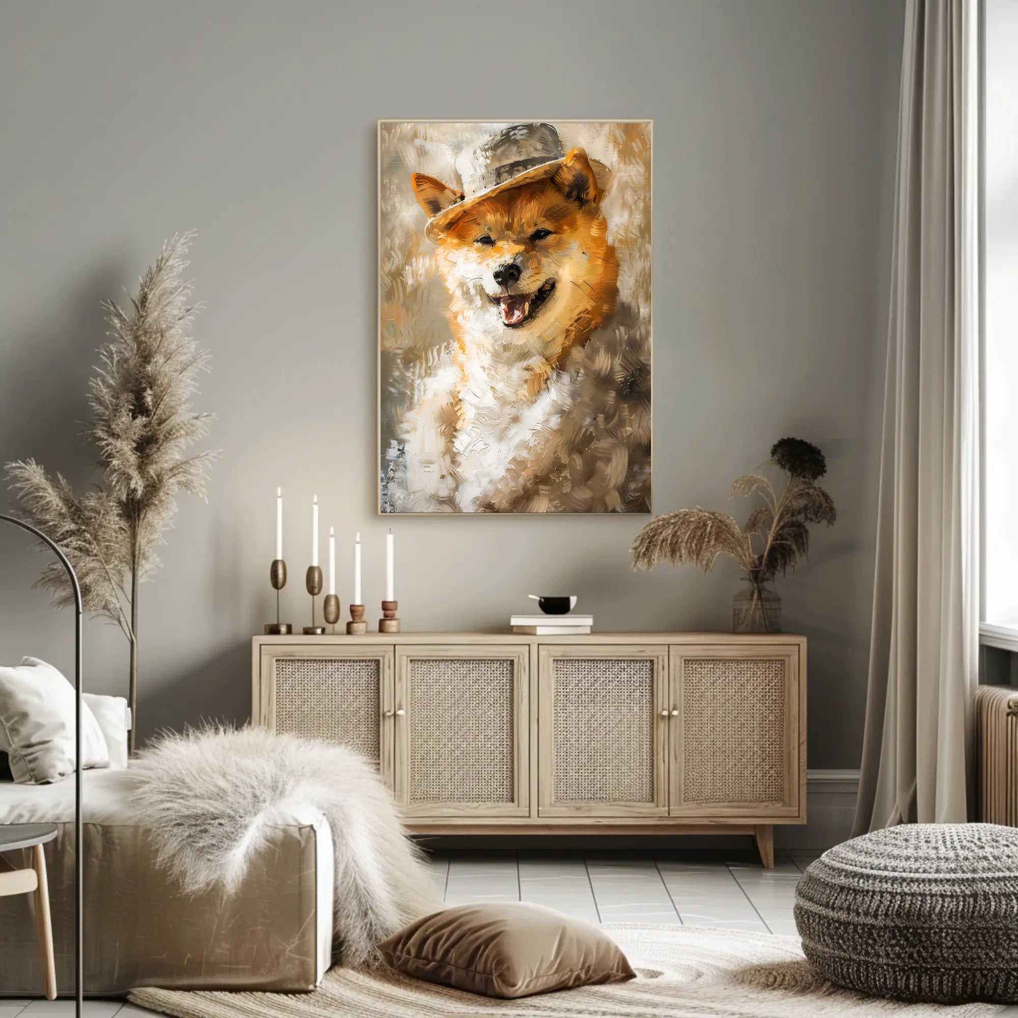 Playful Dog in Hat Artistic Poster PosterGoat