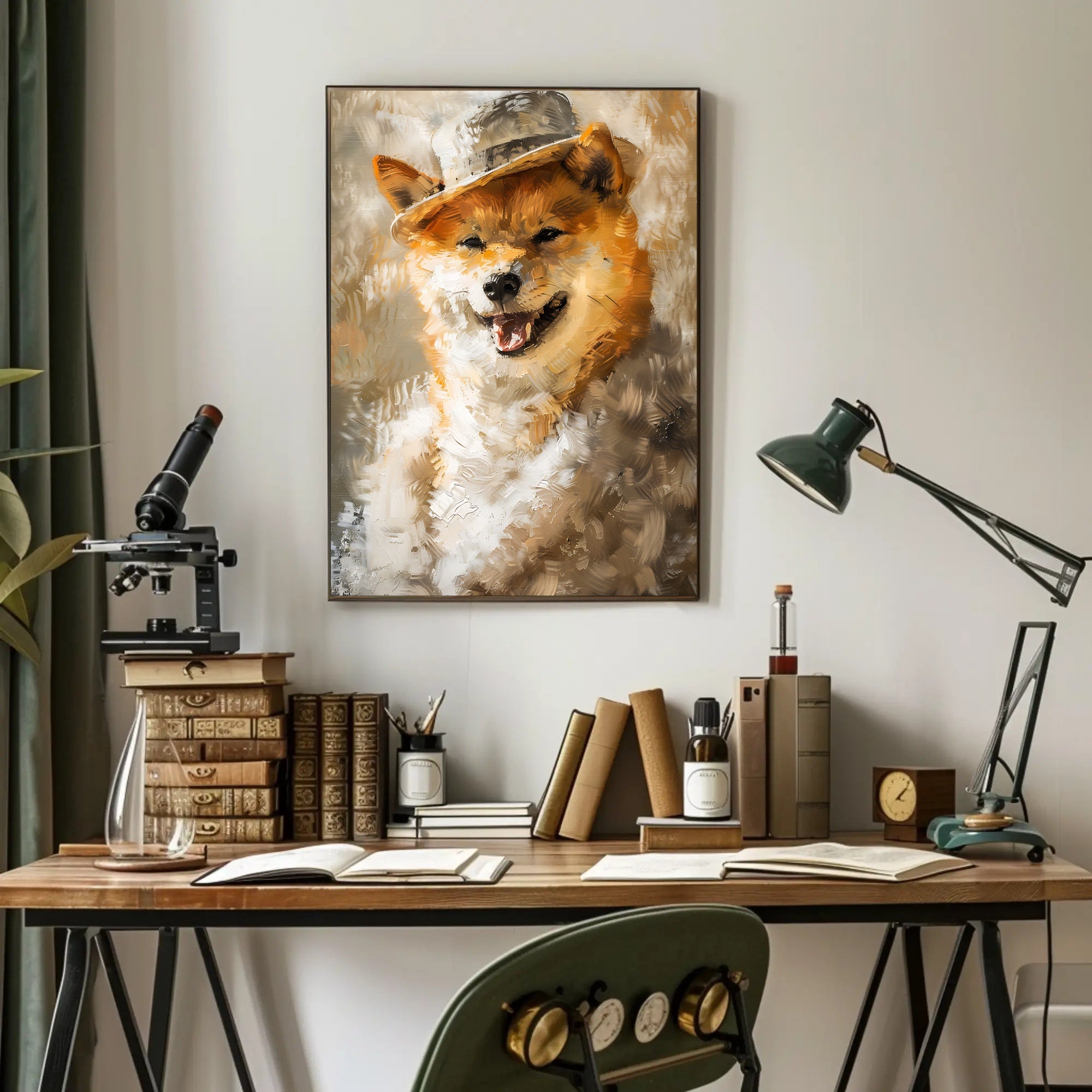 Playful Dog in Hat Artistic Poster PosterGoat