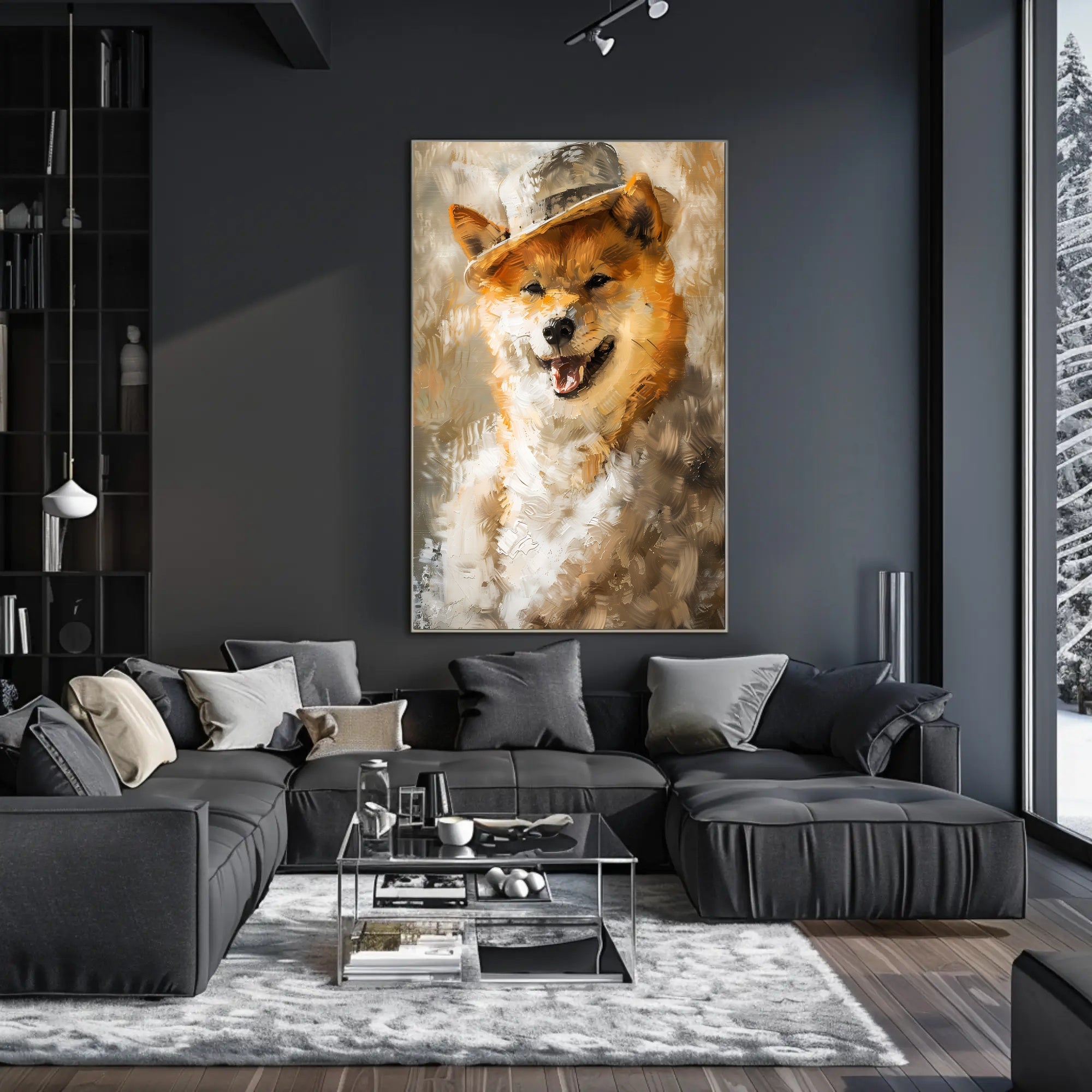 Playful Dog in Hat Artistic Poster PosterGoat