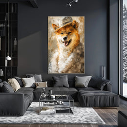 Playful Dog in Hat Artistic Poster PosterGoat