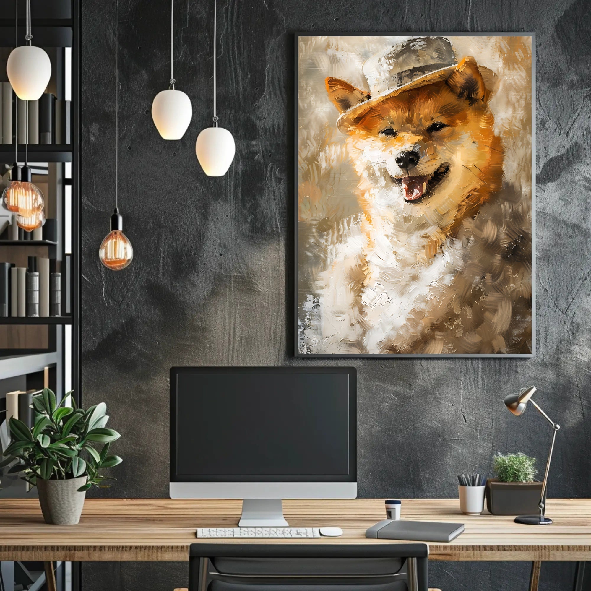 Playful Dog in Hat Artistic Poster PosterGoat