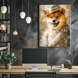Playful Dog in Hat Artistic Poster PosterGoat