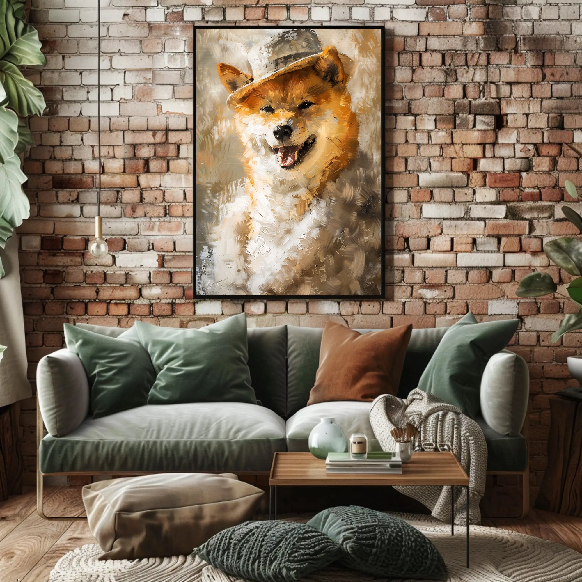 Playful Dog in Hat Artistic Poster PosterGoat