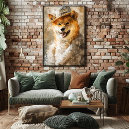 Playful Dog in Hat Artistic Poster PosterGoat
