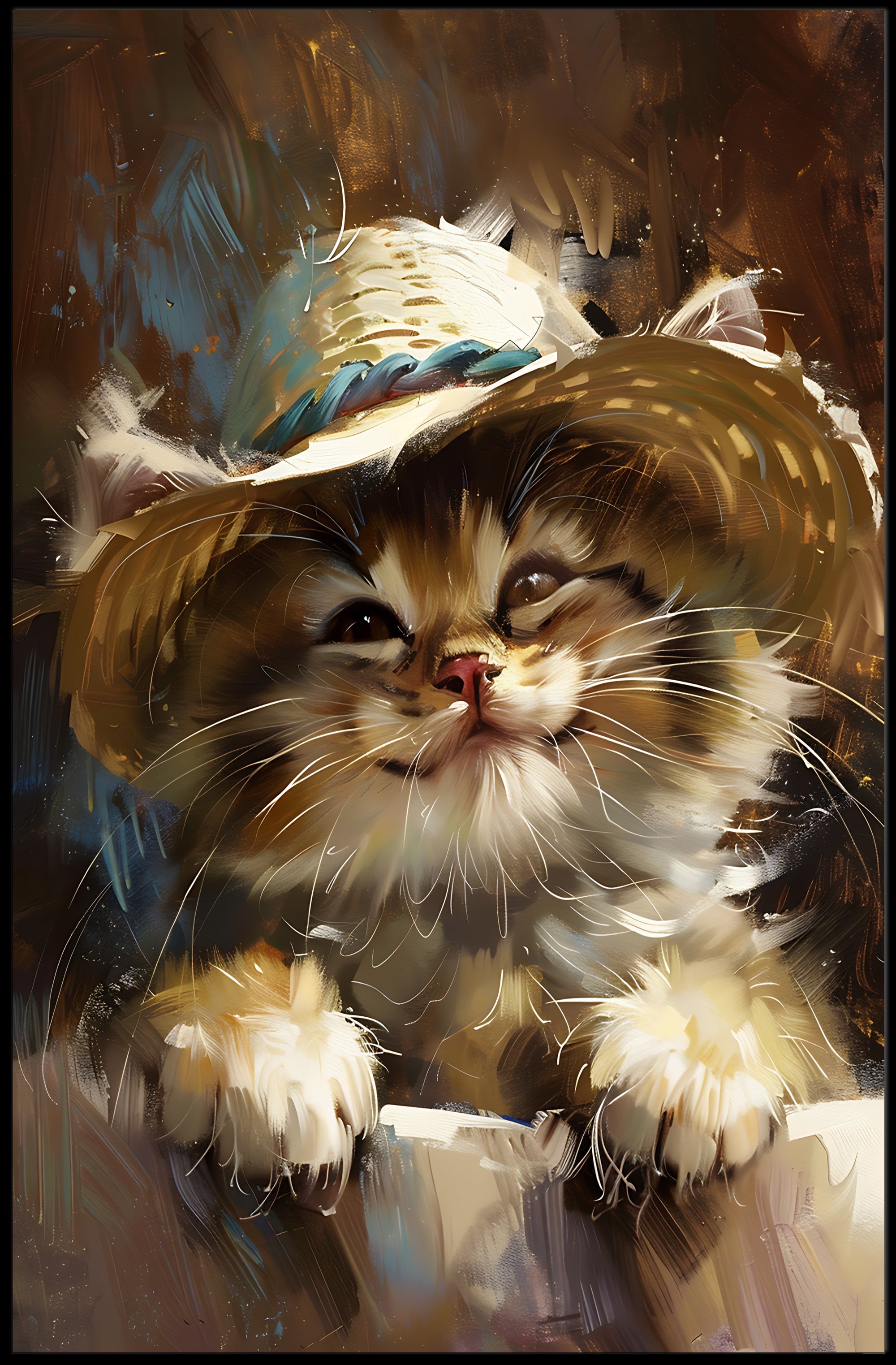 Playful Kitten in Straw Hat Animal Poster PosterGoat