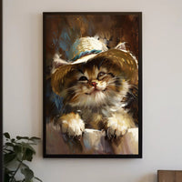 Playful Kitten in Straw Hat Animal Poster PosterGoat