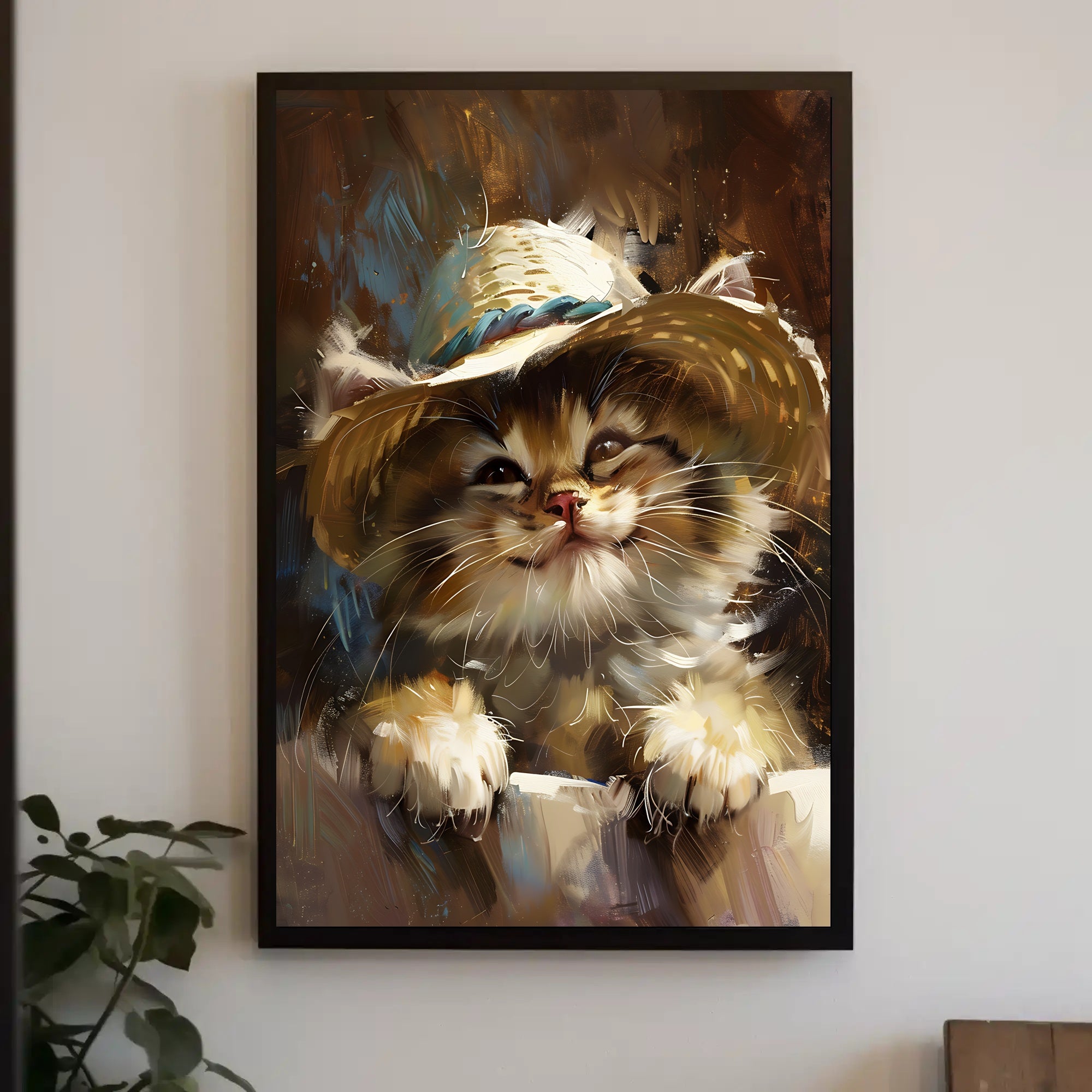 Playful Kitten in Straw Hat Animal Poster PosterGoat