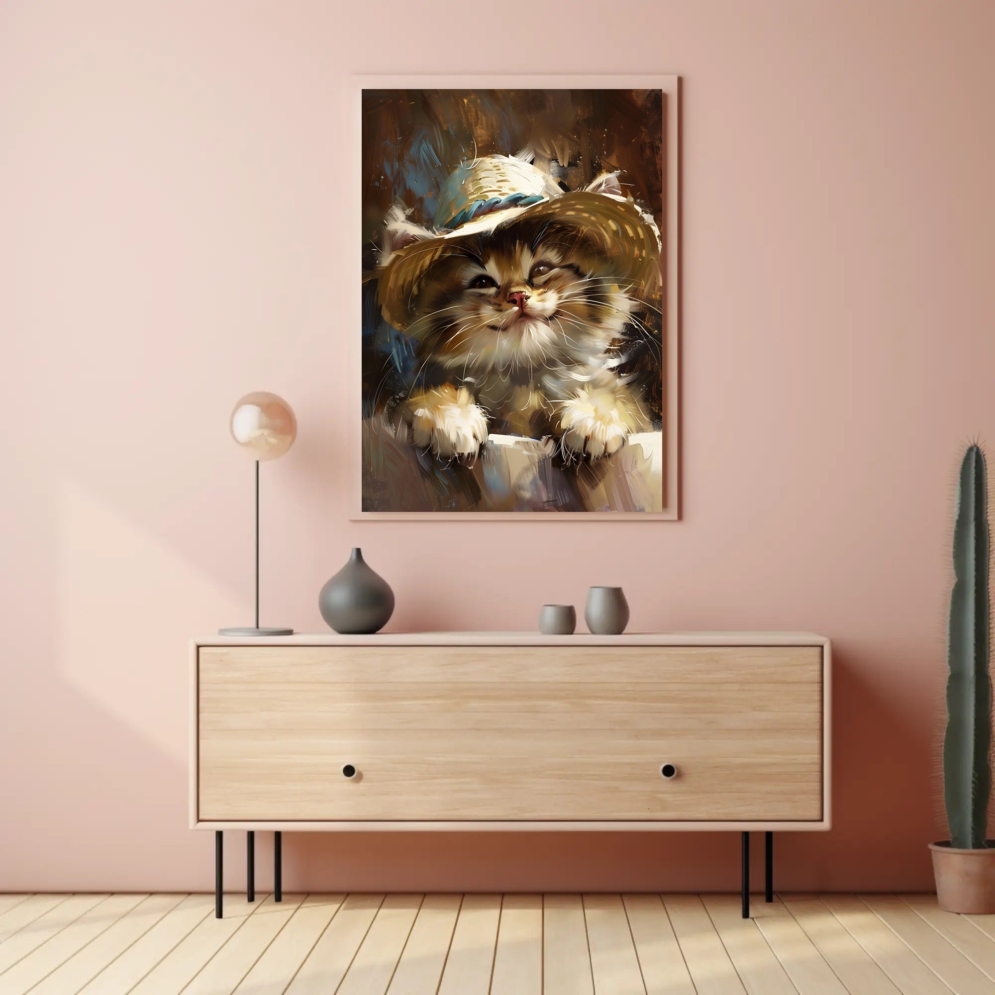 Playful Kitten in Straw Hat Animal Poster PosterGoat