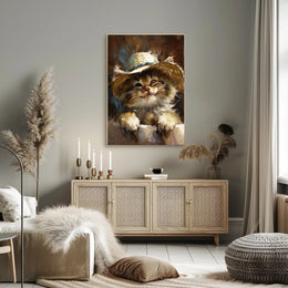 Playful Kitten in Straw Hat Animal Poster PosterGoat