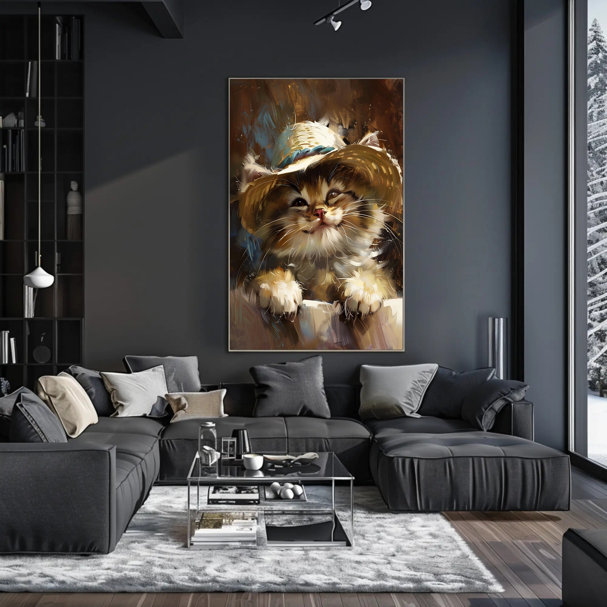 Playful Kitten in Straw Hat Animal Poster PosterGoat