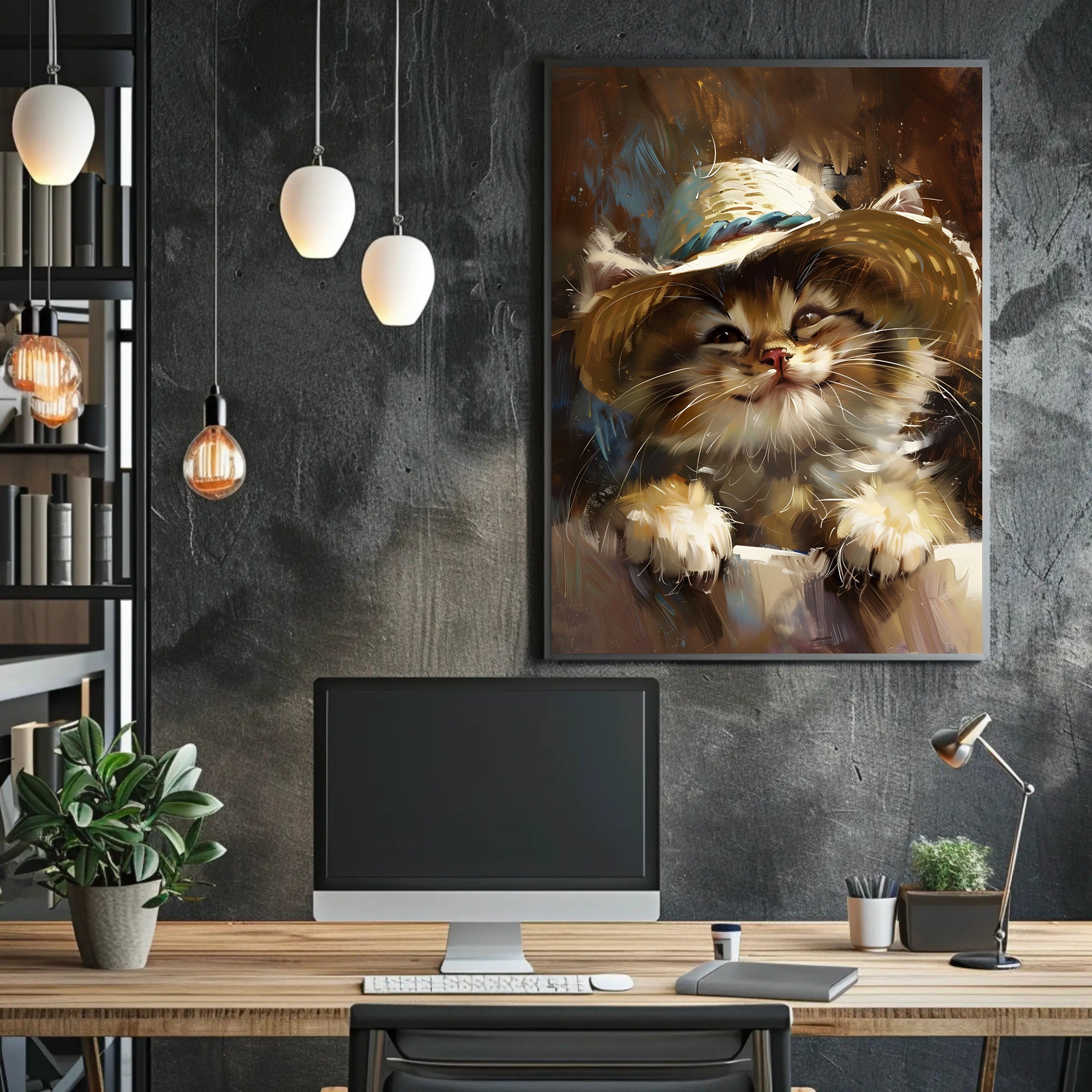 Playful Kitten in Straw Hat Animal Poster PosterGoat
