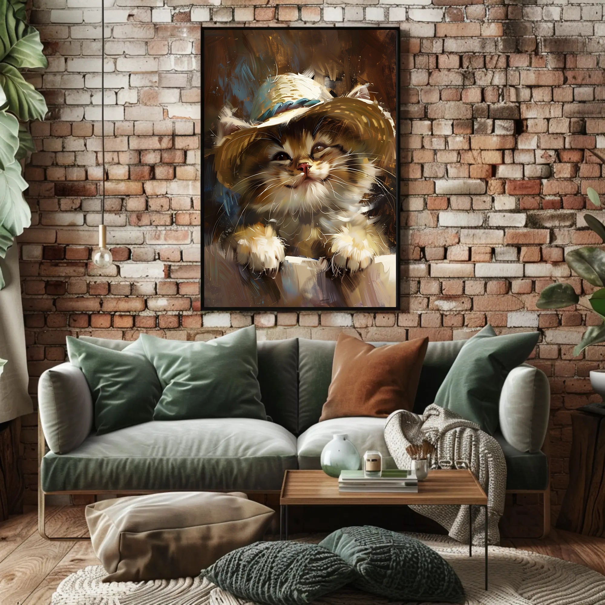 Playful Kitten in Straw Hat Animal Poster PosterGoat