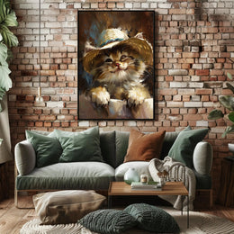 Playful Kitten in Straw Hat Animal Poster PosterGoat