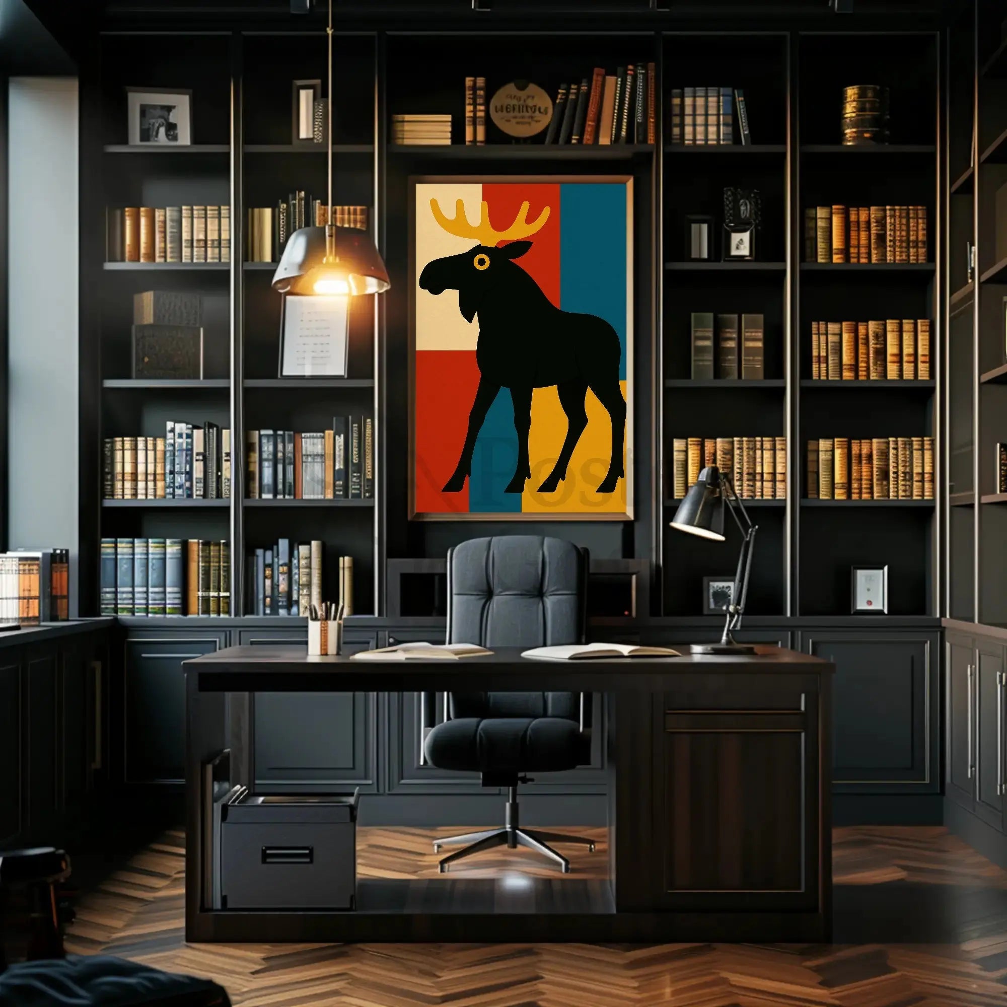 Playful Moose Art with Mid-Century Modern Vibes Poster PosterGoat