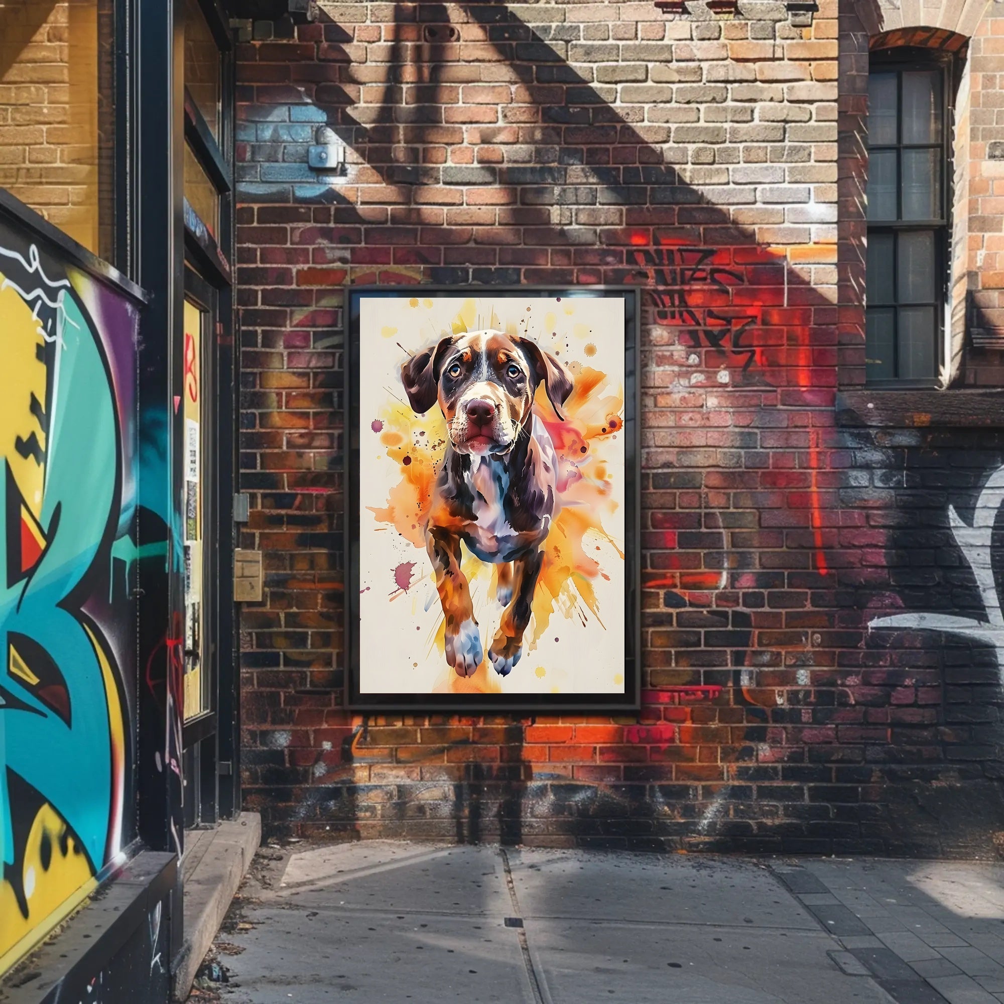 Playful Puppy in Vibrant Watercolor Animal Poster PosterGoat