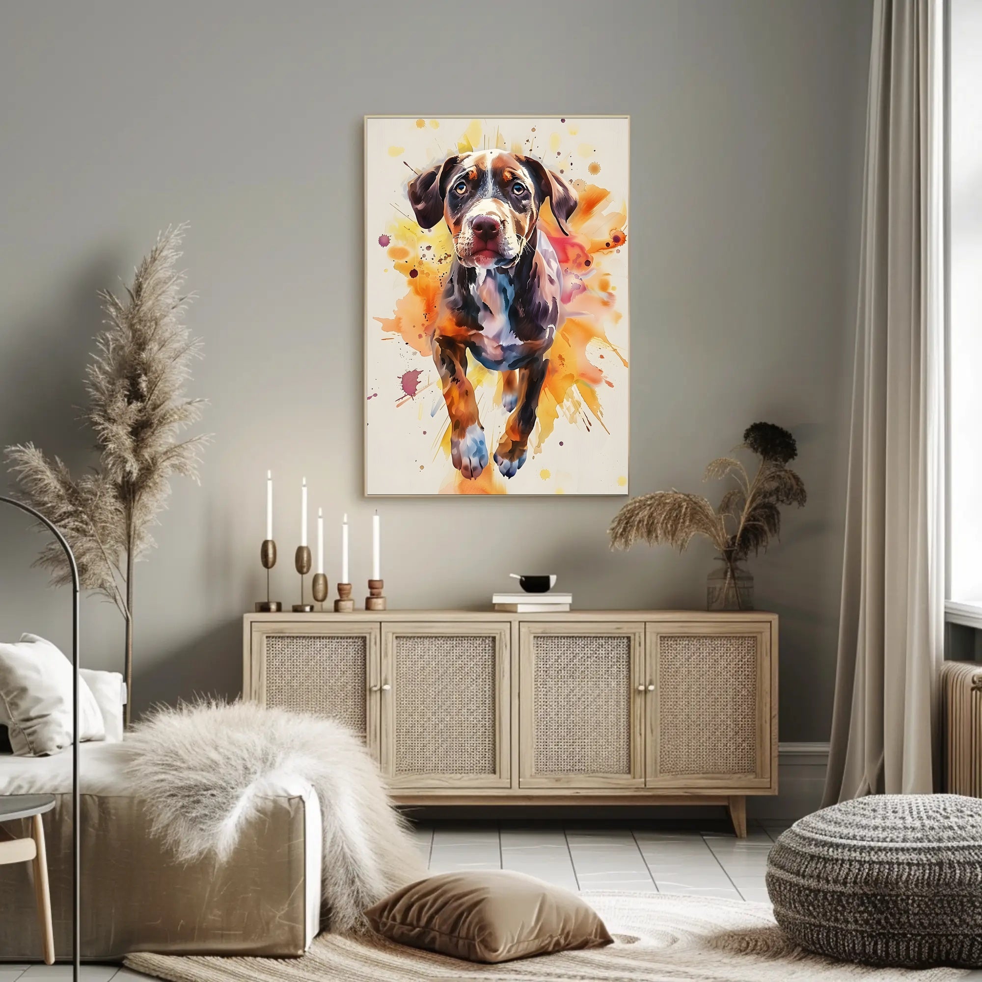 Playful Puppy in Vibrant Watercolor Animal Poster PosterGoat