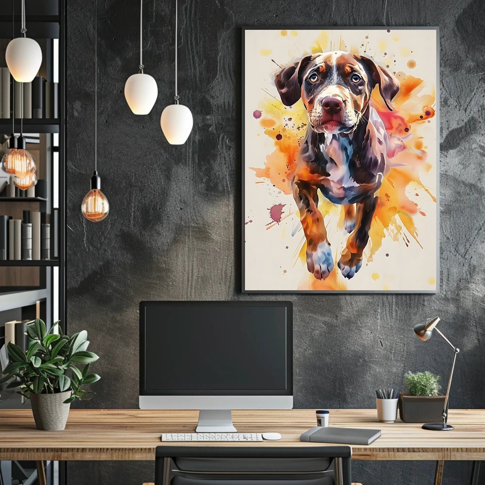 Playful Puppy in Vibrant Watercolor Animal Poster PosterGoat