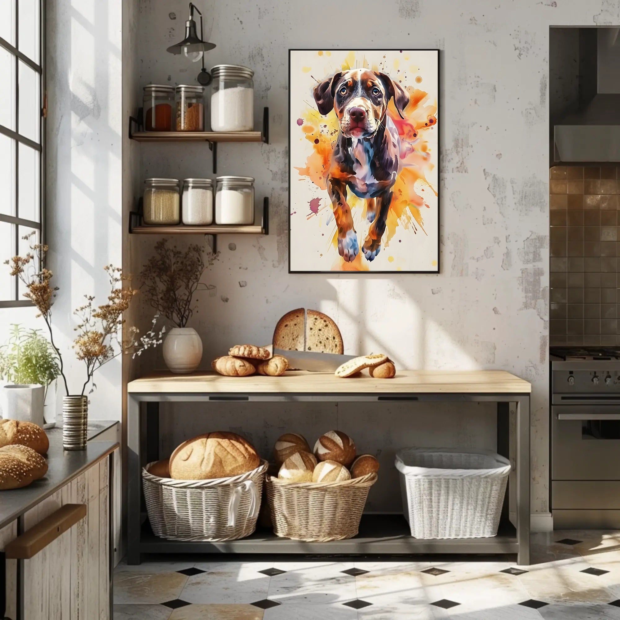 Playful Puppy in Vibrant Watercolor Animal Poster PosterGoat