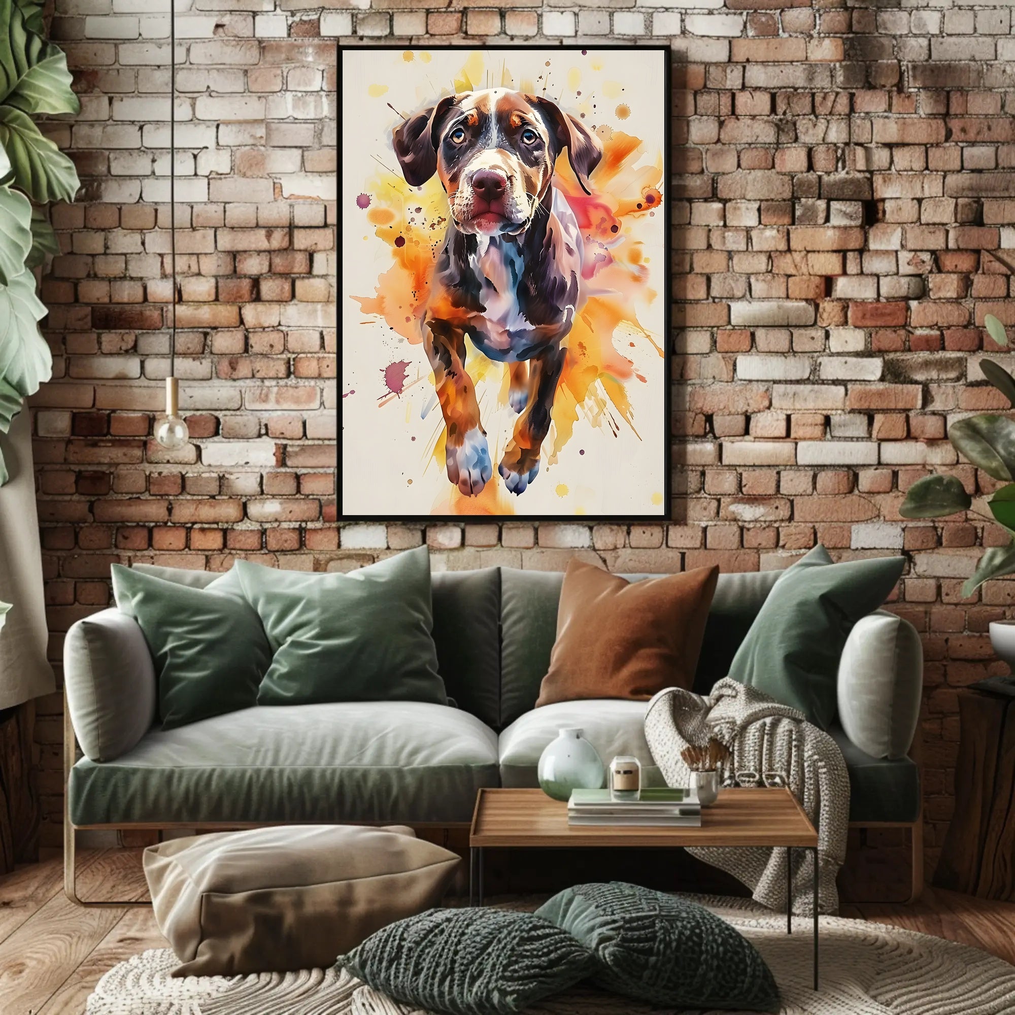 Playful Puppy in Vibrant Watercolor Animal Poster PosterGoat