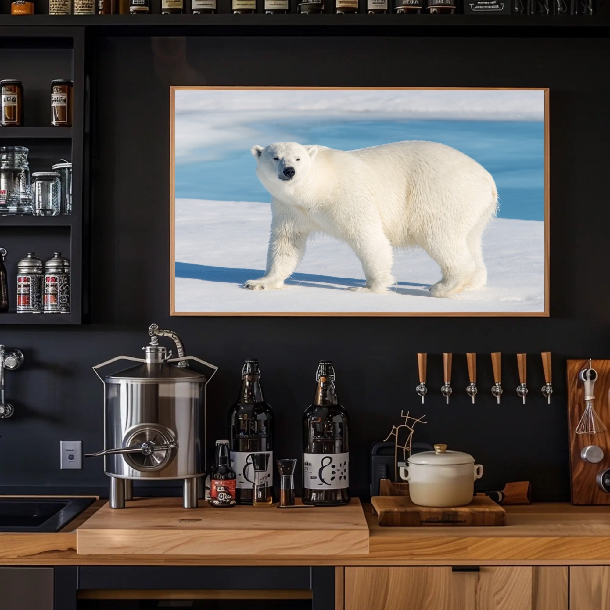 Polar Bear in Icy Blue: An Elegant Animal Poster PosterGoat
