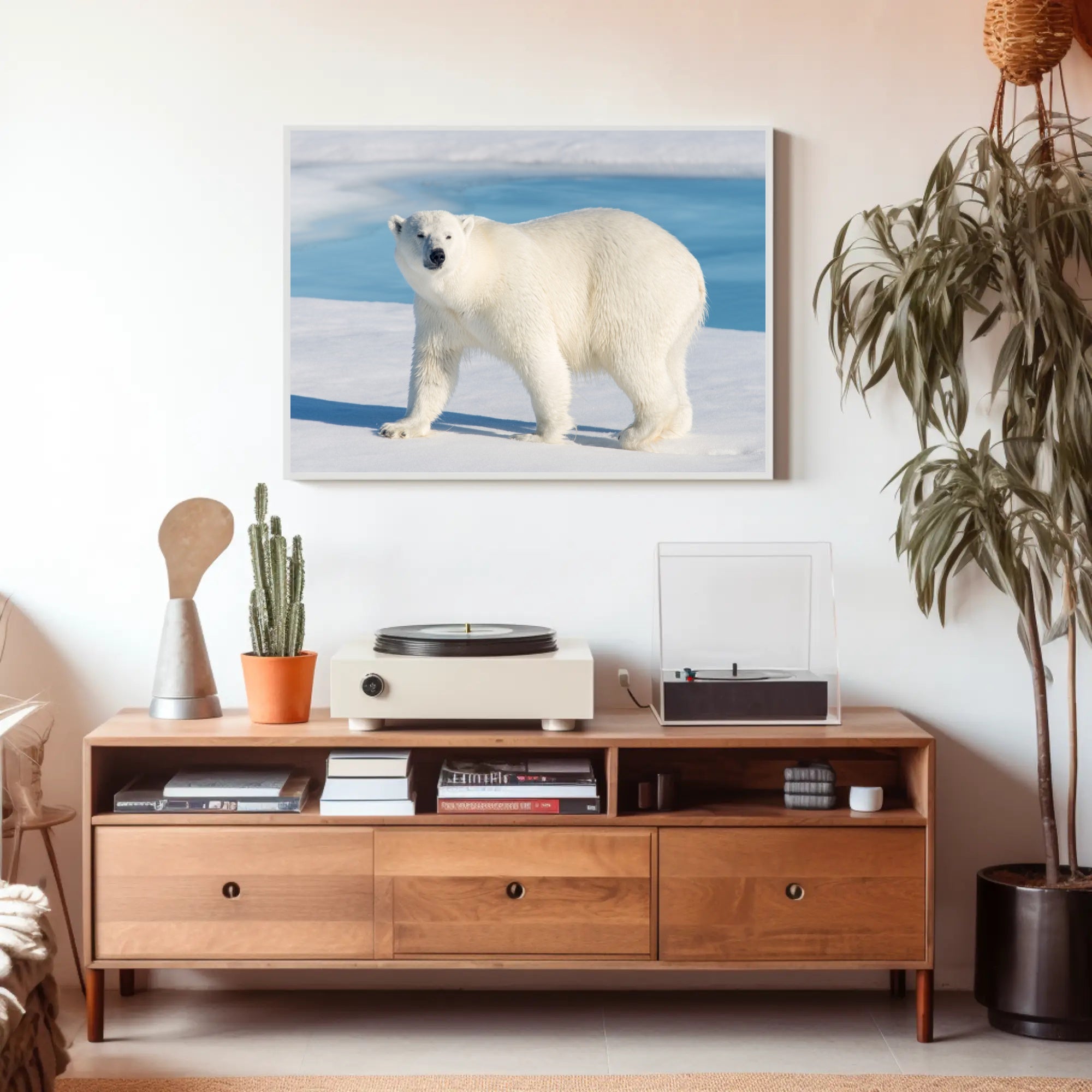 Polar Bear in Icy Blue: An Elegant Animal Poster PosterGoat
