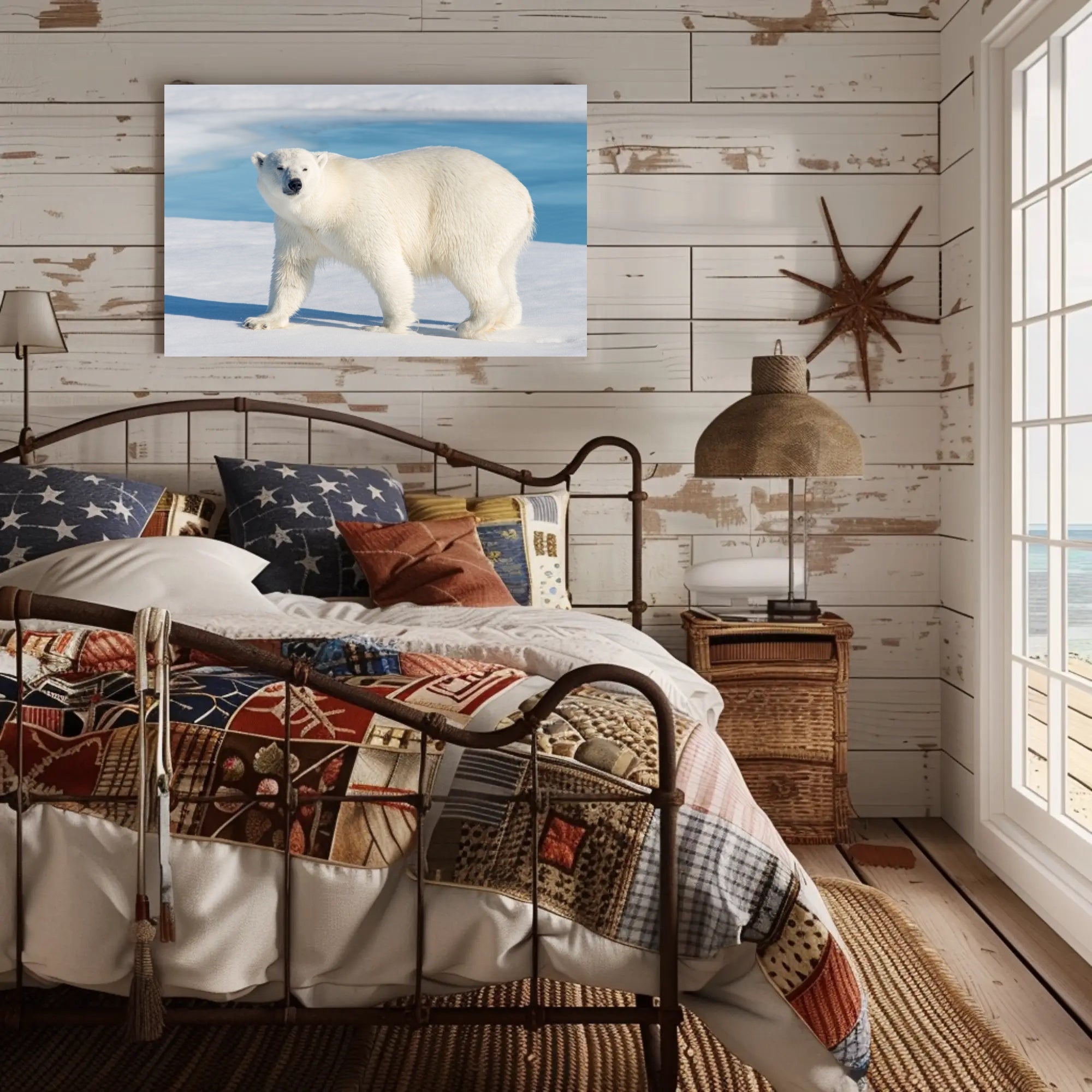Polar Bear in Icy Blue: An Elegant Animal Poster PosterGoat