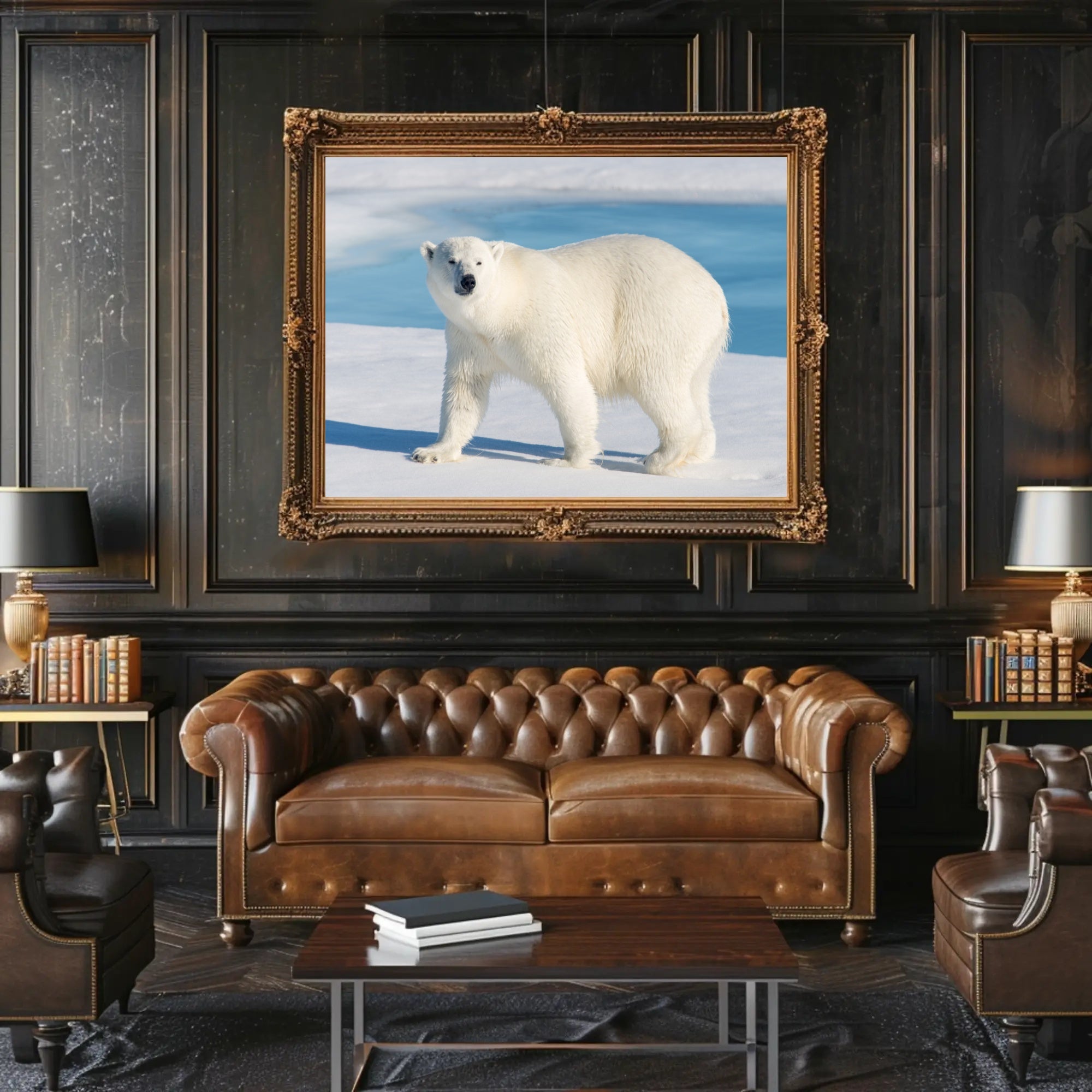 Polar Bear in Icy Blue: An Elegant Animal Poster PosterGoat