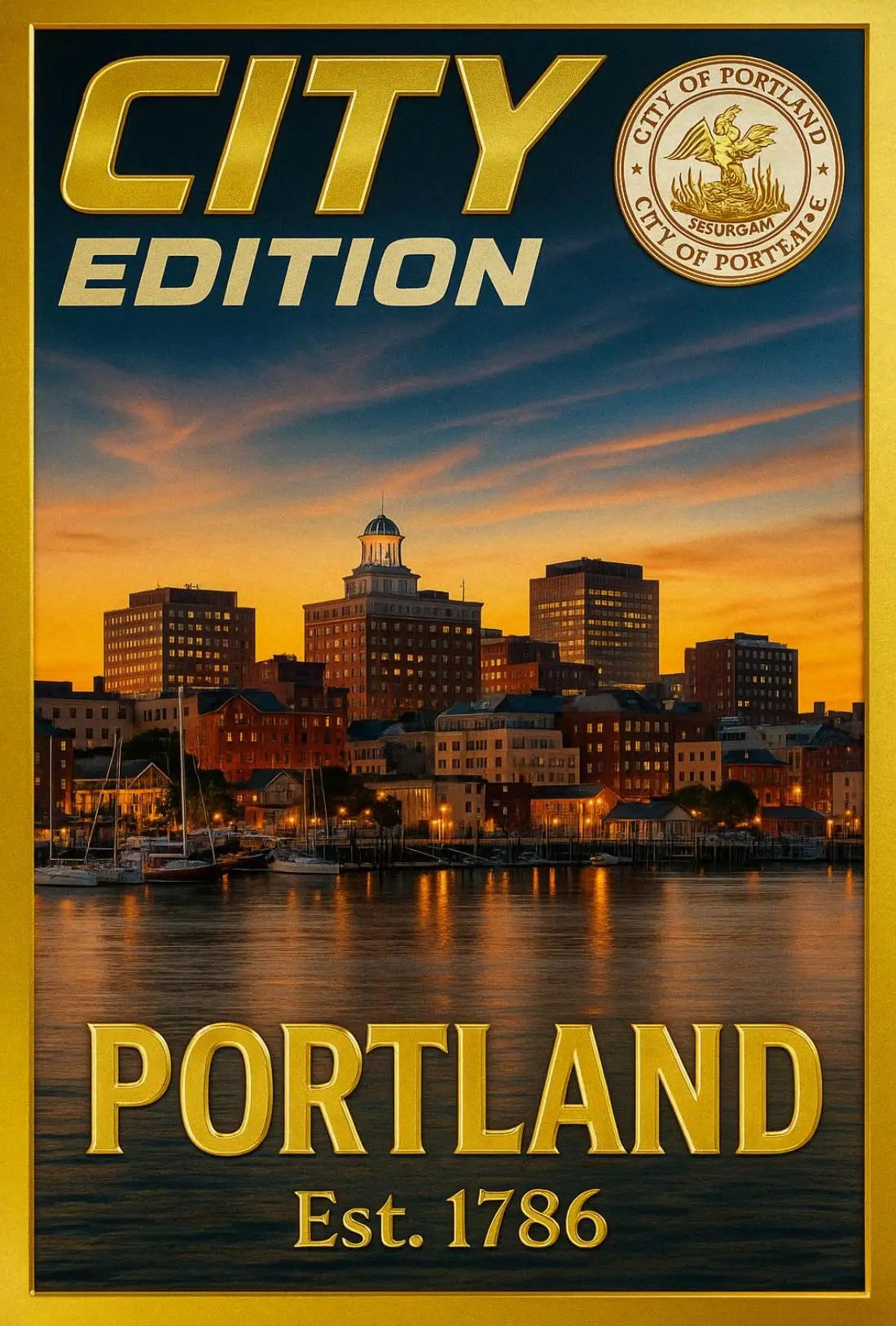 Portland Maine Sunset Cityscape Travel Poster PosterGoat