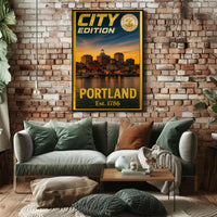 Portland Maine Sunset Cityscape Travel Poster PosterGoat