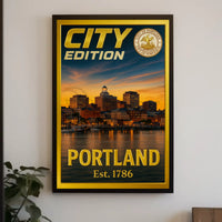Portland Maine Sunset Cityscape Travel Poster PosterGoat
