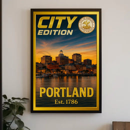 Portland Maine Sunset Cityscape Travel Poster PosterGoat