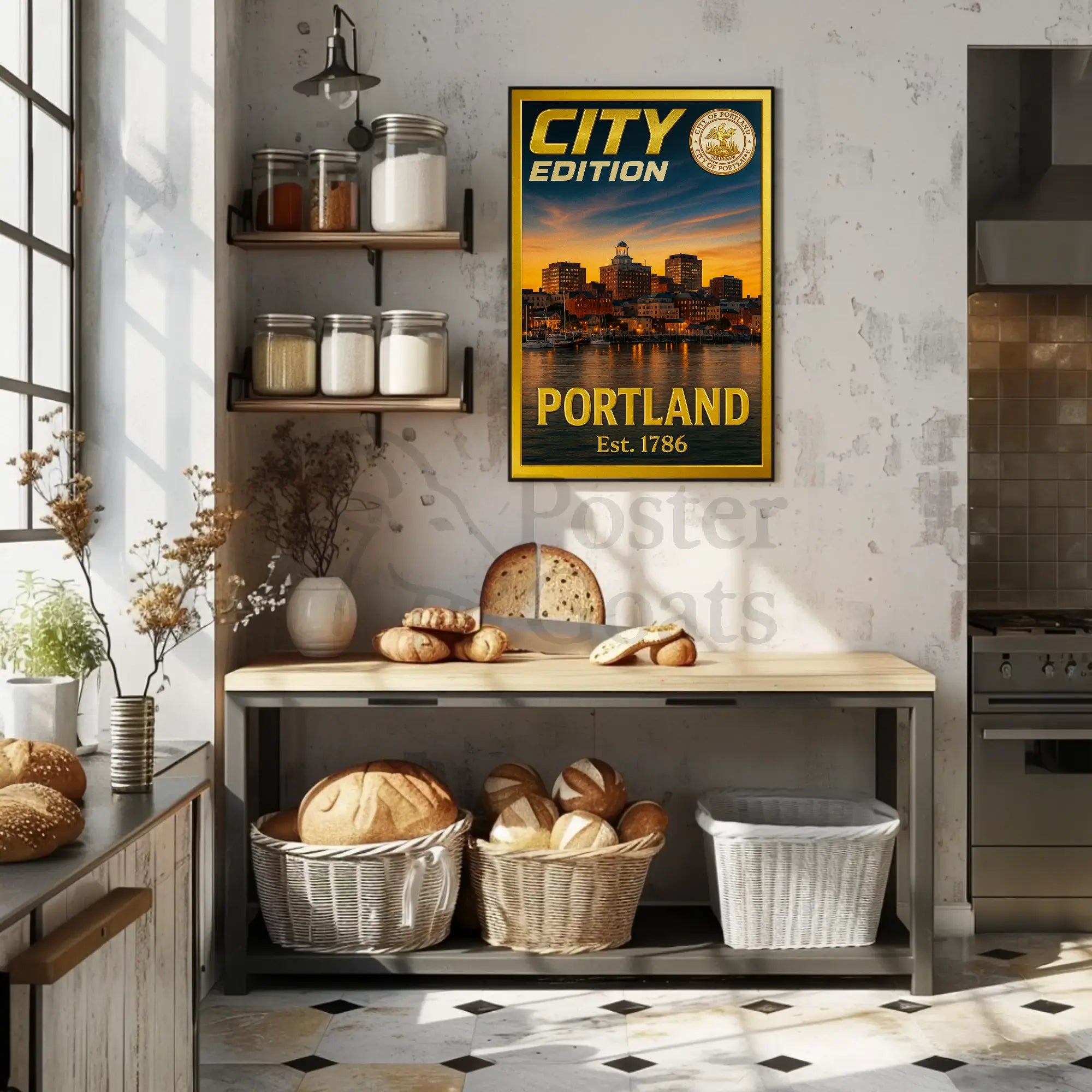 Portland Maine Sunset Cityscape Travel Poster PosterGoat