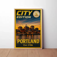 Portland Maine Sunset Cityscape Travel Poster PosterGoat