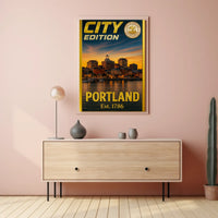 Portland Maine Sunset Cityscape Travel Poster PosterGoat