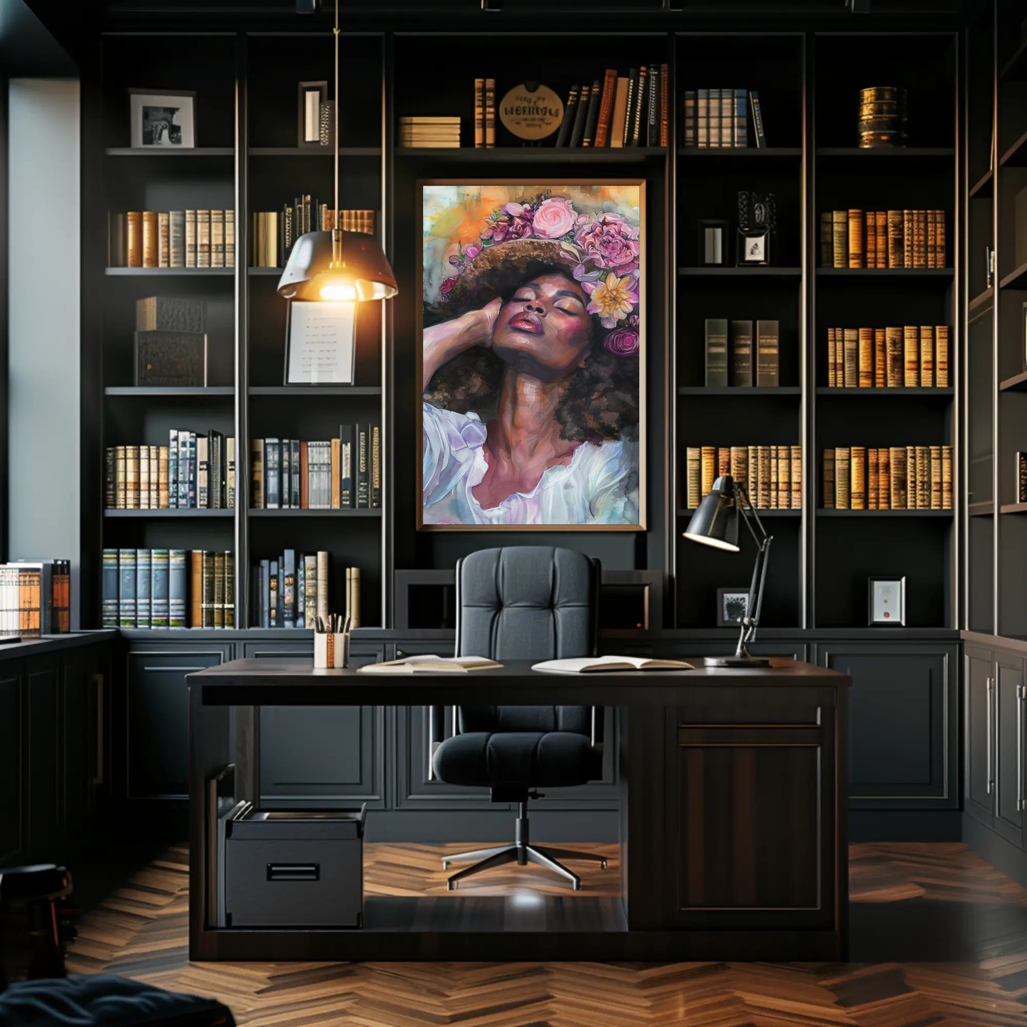Portrait of Woman with Floral Headdress: Abstract or Artistic Poster PosterGoat