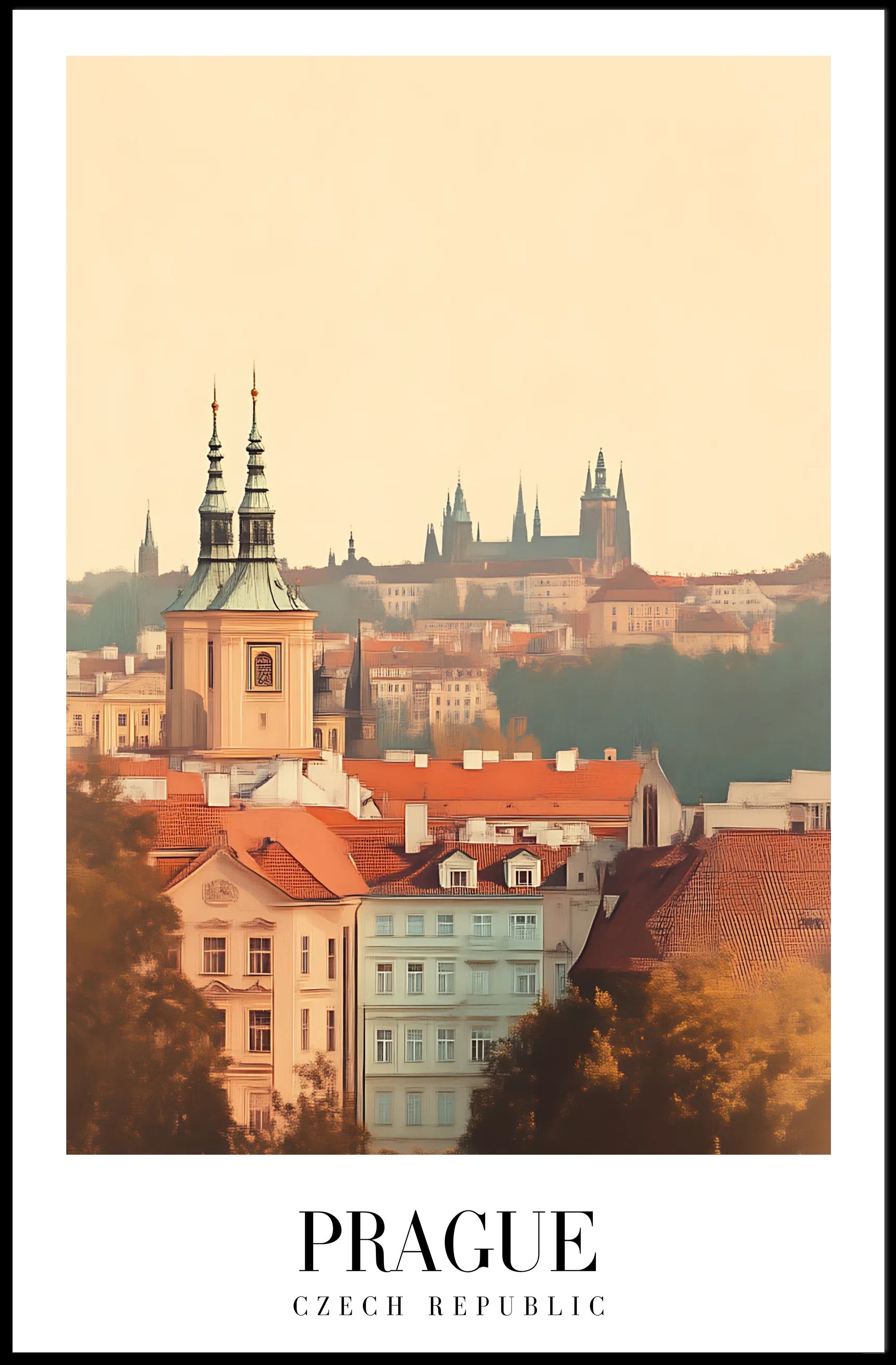 Prague Vintage Cityscape Travel Poster PosterGoat