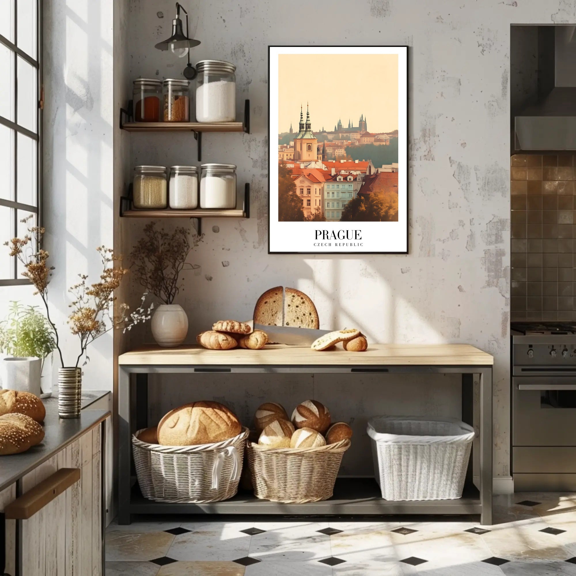 Prague Vintage Cityscape Travel Poster PosterGoat