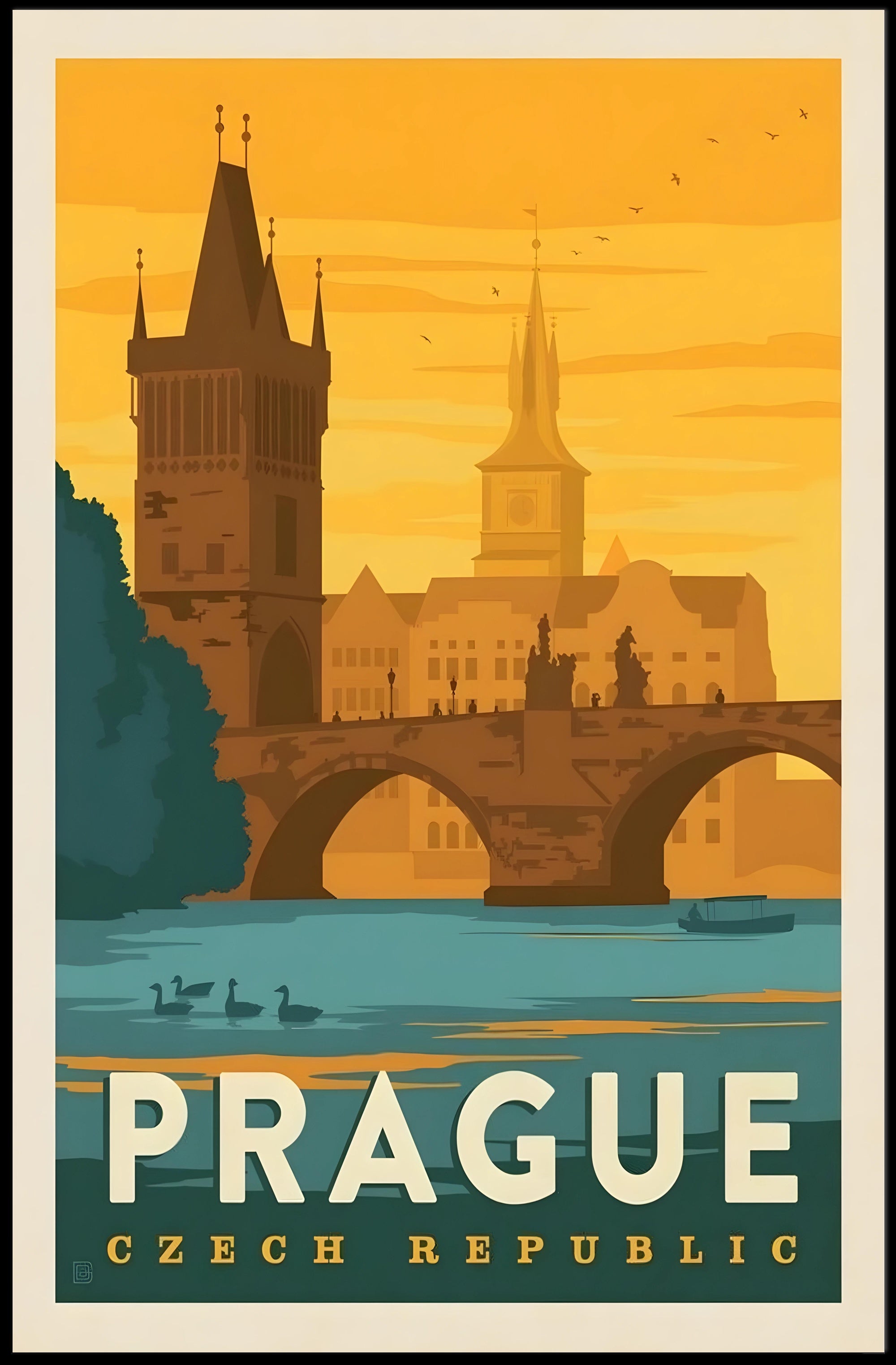 Prague Vintage Travel Poster: Iconic Charles Bridge Scene PosterGoat